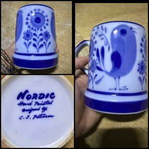 Nordic hand painted C.J. Peterson ceramic cup mug blue bird like new 70s
